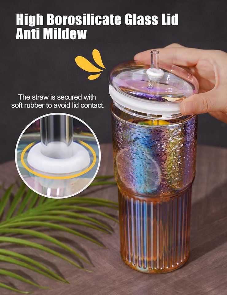 Bossjoy Cocktailglas 4er Trinkbecher Set 650ml mit Deckel & Strohhalm Eiskaffee Smoothie, Glas, hitze- und kältebeständig, spülmaschinengeeignet – Bild 2 von 5