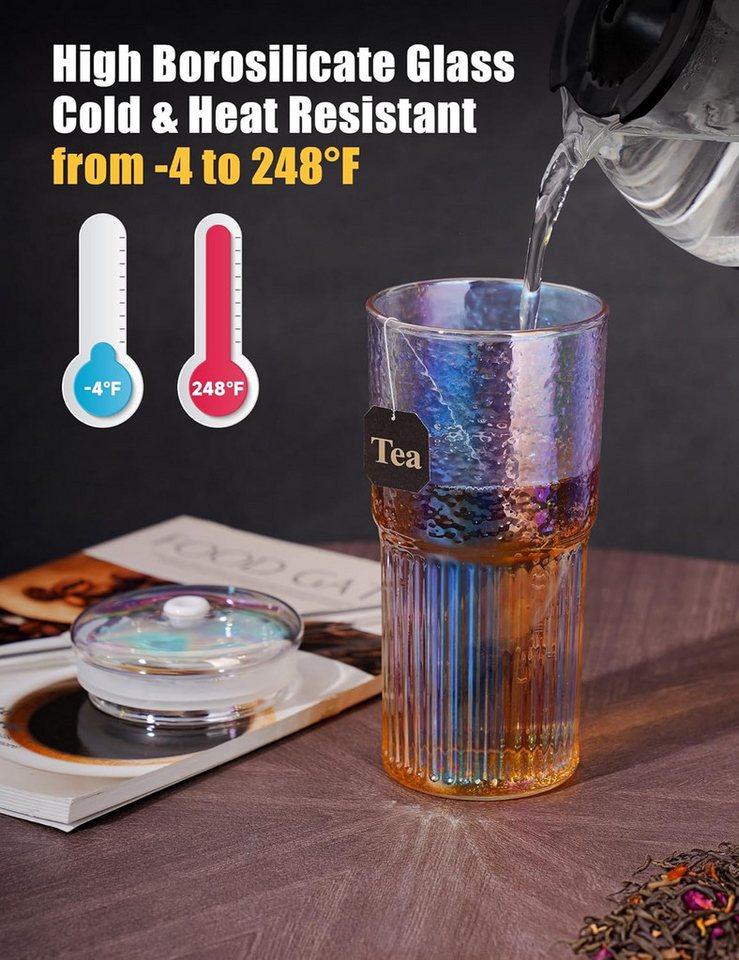 Bossjoy Cocktailglas 4er Trinkbecher Set 650ml mit Deckel & Strohhalm Eiskaffee Smoothie, Glas, hitze- und kältebeständig, spülmaschinengeeignet – Bild 3 von 5
