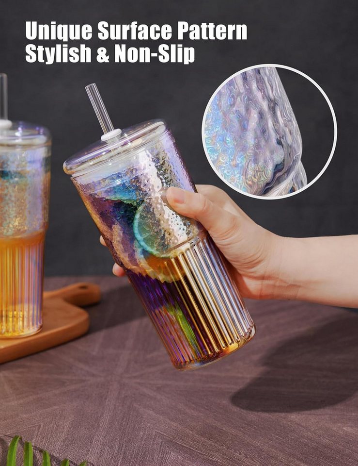 Bossjoy Cocktailglas 4er Trinkbecher Set 650ml mit Deckel & Strohhalm Eiskaffee Smoothie, Glas, hitze- und kältebeständig, spülmaschinengeeignet – Bild 4 von 5
