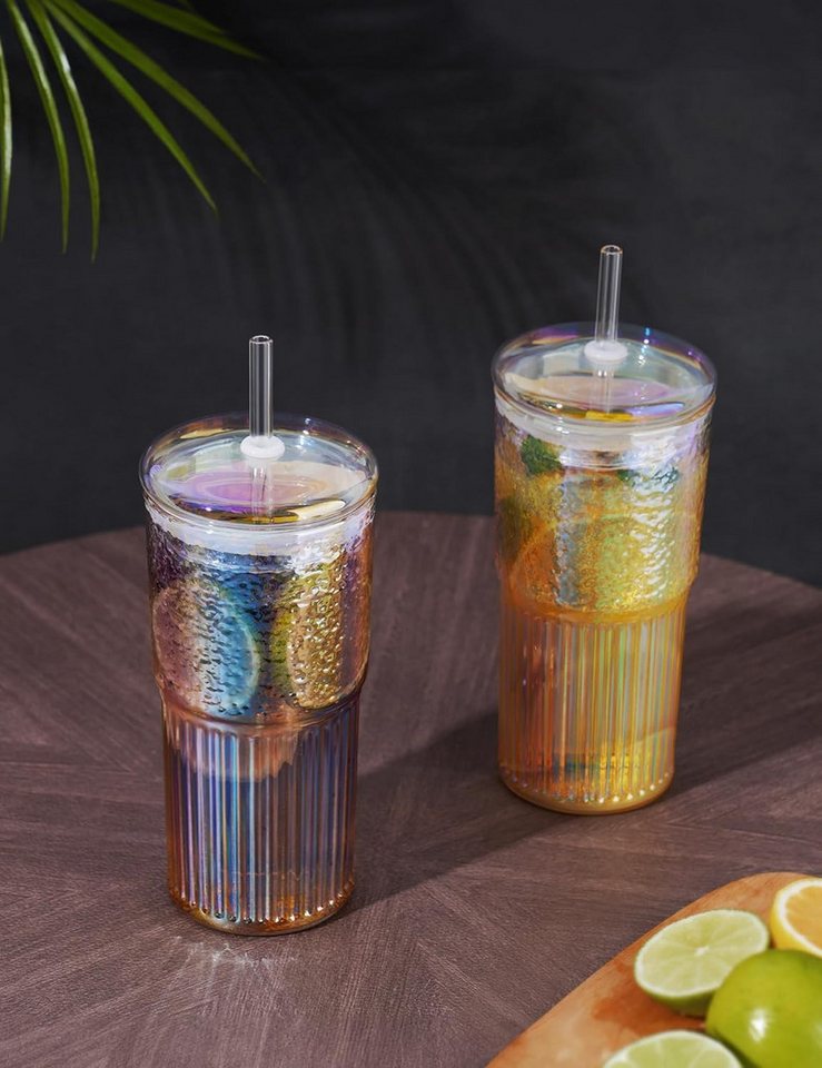 Bossjoy Cocktailglas 4er Trinkbecher Set 650ml mit Deckel & Strohhalm Eiskaffee Smoothie, Glas, hitze- und kältebeständig, spülmaschinengeeignet – Bild 5 von 5