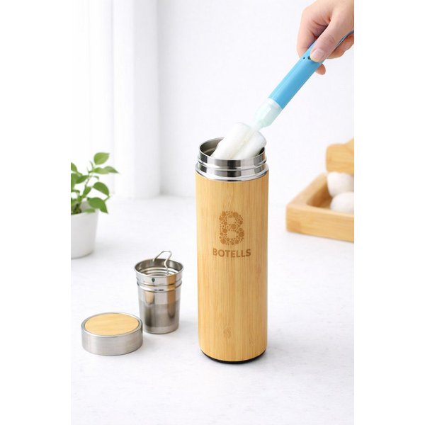 Botells Thermoflasche Isolierflasche Bambus & Edelstahl, Teesieb, 500 ml, auslaufsicher, lebensmittelechter Edelstahl, nachhaltig Ressourcen sparend, 0,5l