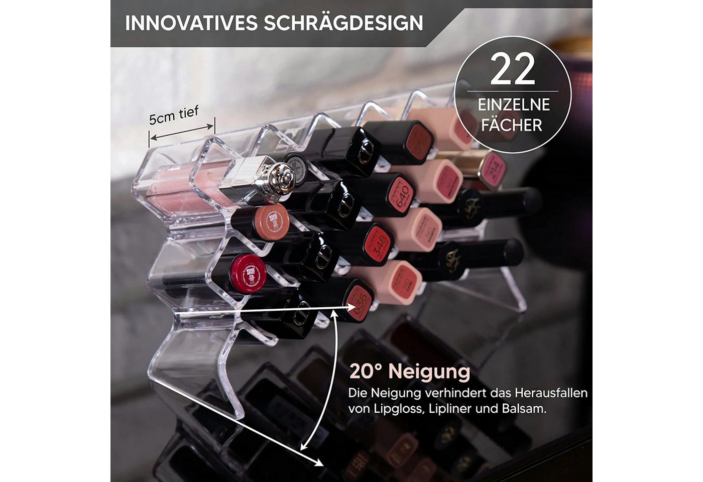 BOXUP Make-Up Organizer Salarot Lippenstift Organizer Acryl Aufbewahrung Schminnktisch Ordnung, 1-tlg., Kein Set, Lippenstift Organizer mit 22 Fächern – Bild 5 von 5