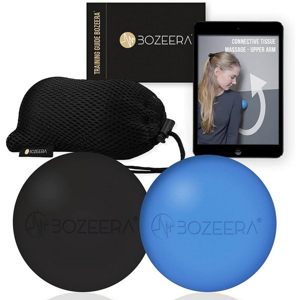 BOZEERA Massageball Lacrosse Massageball Set Triggerpunkt Therapie -2x Lacross Ball 6 cm, Gummi Ball Set – Faszienball Set, Inkl. GRATIS Video-anleitung, Bookle
