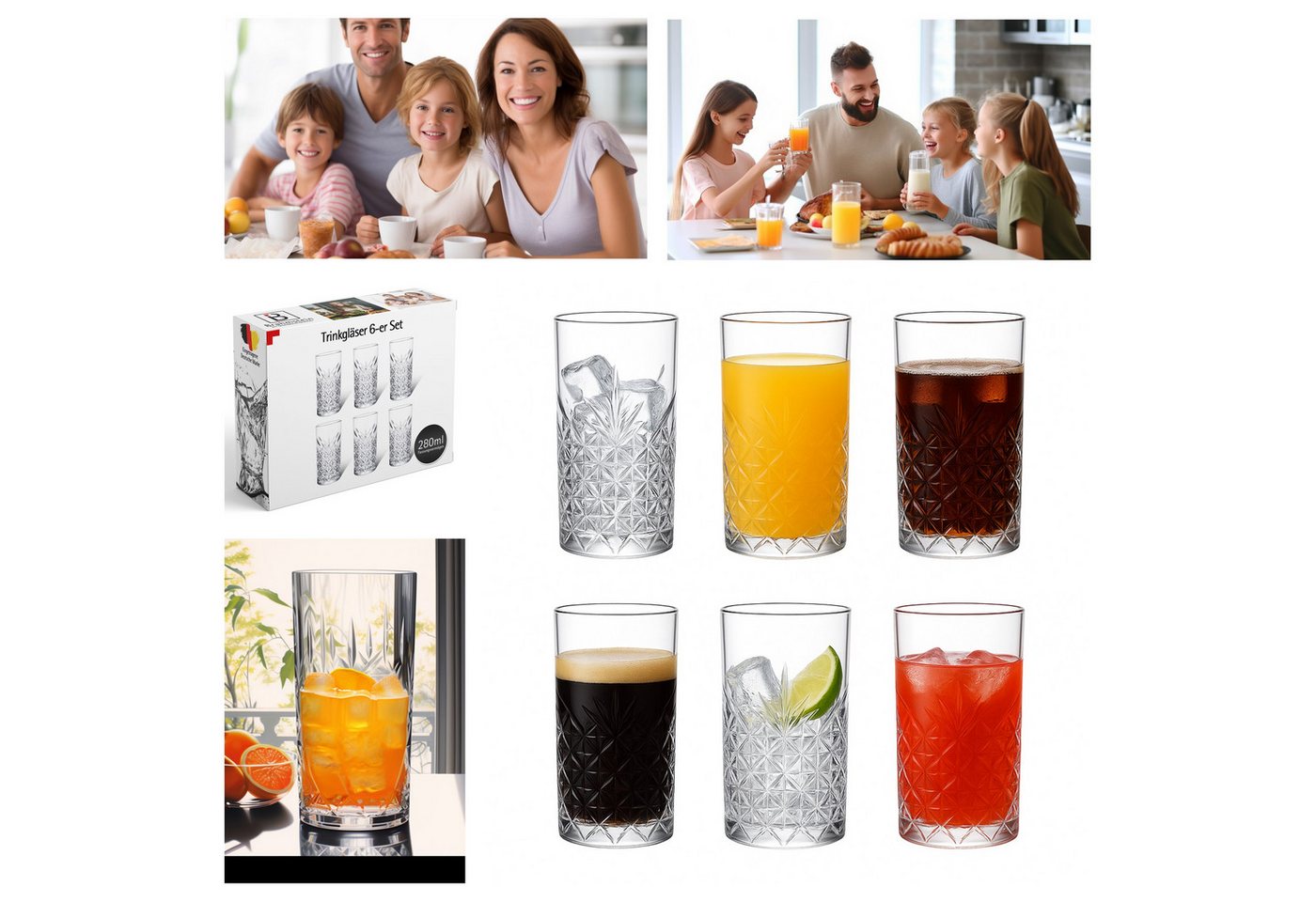 Brahmstein Gläser-Set Trinkgläser Set Wassergläser 6er Set für Cocktails Wasser, Softdrinks, 6-tlg., 6-teilig, Wassergläser-Set, 280ml – Bild 2 von 5