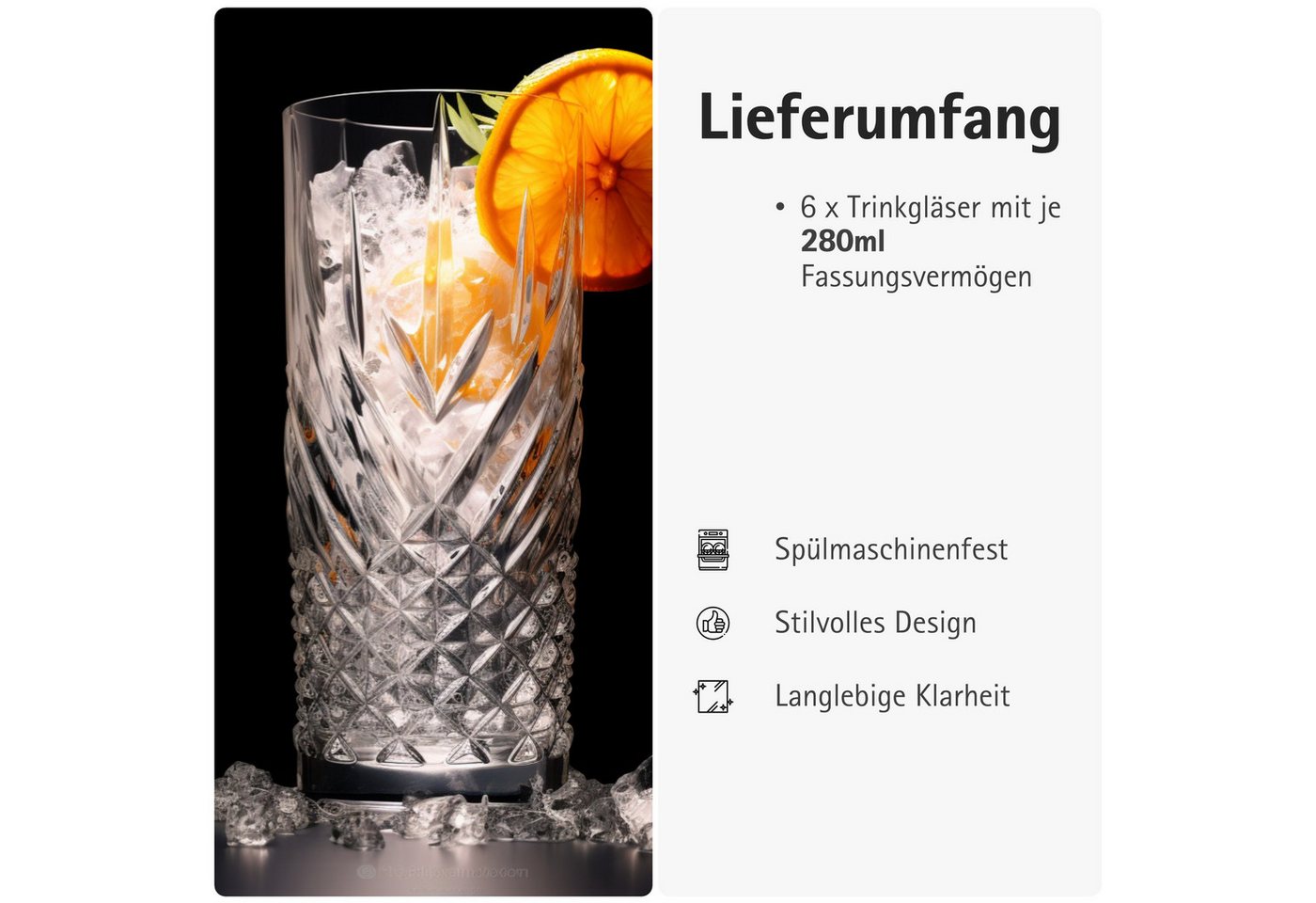 Brahmstein Gläser-Set Trinkgläser Set Wassergläser 6er Set für Cocktails Wasser, Softdrinks, 6-tlg., 6-teilig, Wassergläser-Set, 280ml – Bild 5 von 5
