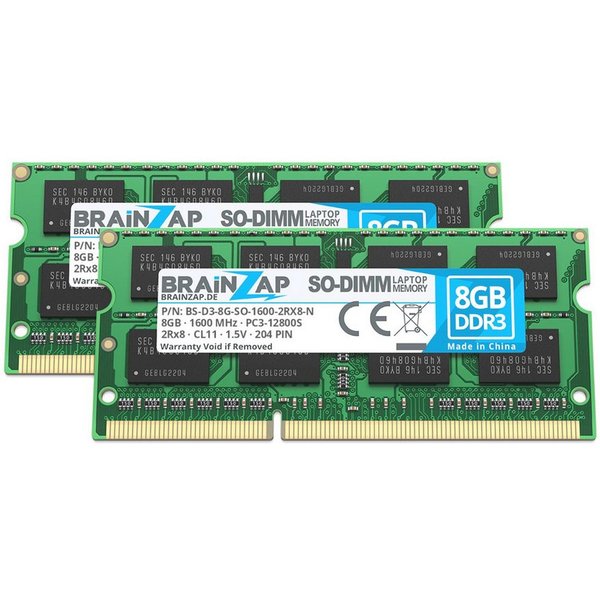 BRAINZAP 16GB (2x 8GB) RAM PC3-12800S SO-DIMM Laptop-Arbeitsspeicher (1600 MHz, CL11, 2Rx8, Non-ECC, Unbuffered, für Notebooks - Intel und)