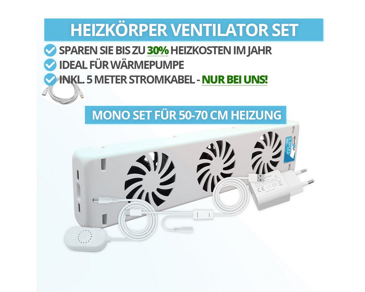 BRAINZAP Heizkörperventilator Heizkörper/Radiator Ventilator Booster, 8 cm Durchmesser, Für Alle Heizkörper, 50-120cm, 20 dbA, 1kWh/Jahr, 20-30% Kosten sparen – Bild 2 von 4