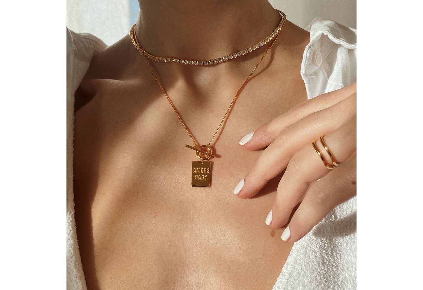 Brandlinger Choker Halskette St. Moritz, Tenniskette eng anliegend, mit weißen Steinen, vergoldet – Bild 3 von 5