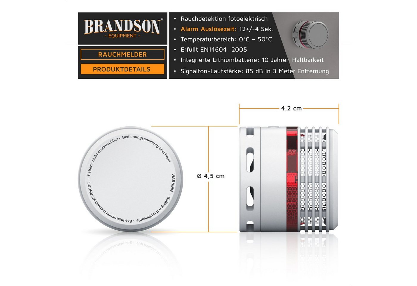 Brandson 10 Jahre Batterie, Lautstärke 85 db, LED, Prüftaste, TÜV Zertifiziert Rauchmelder (wartungsfrei, einfache Deckenmontage, zuverlässiger Schutz) – Bild 2 von 5
