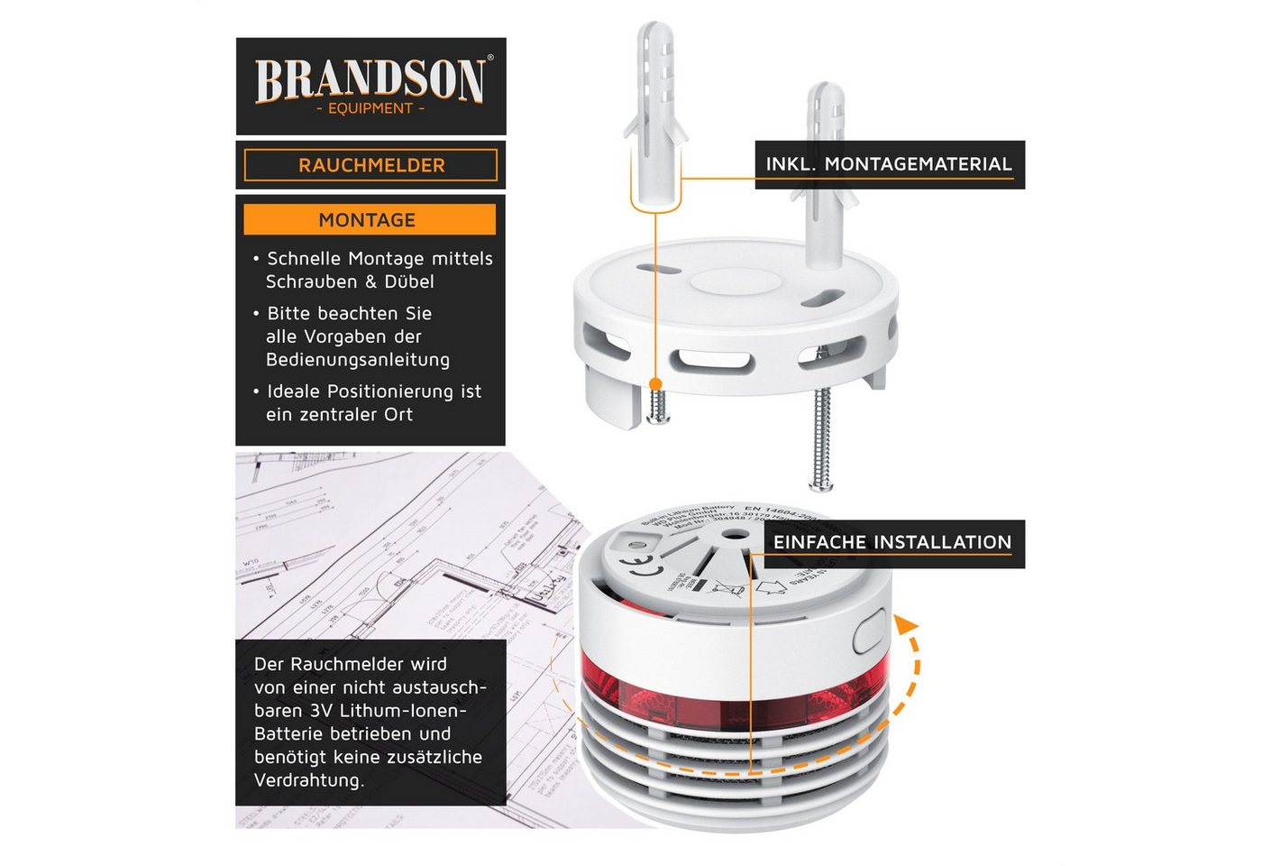 Brandson 10 Jahre Batterie, Lautstärke 85 db, LED, Prüftaste, TÜV Zertifiziert Rauchmelder (wartungsfrei, einfache Deckenmontage, zuverlässiger Schutz) – Bild 4 von 5