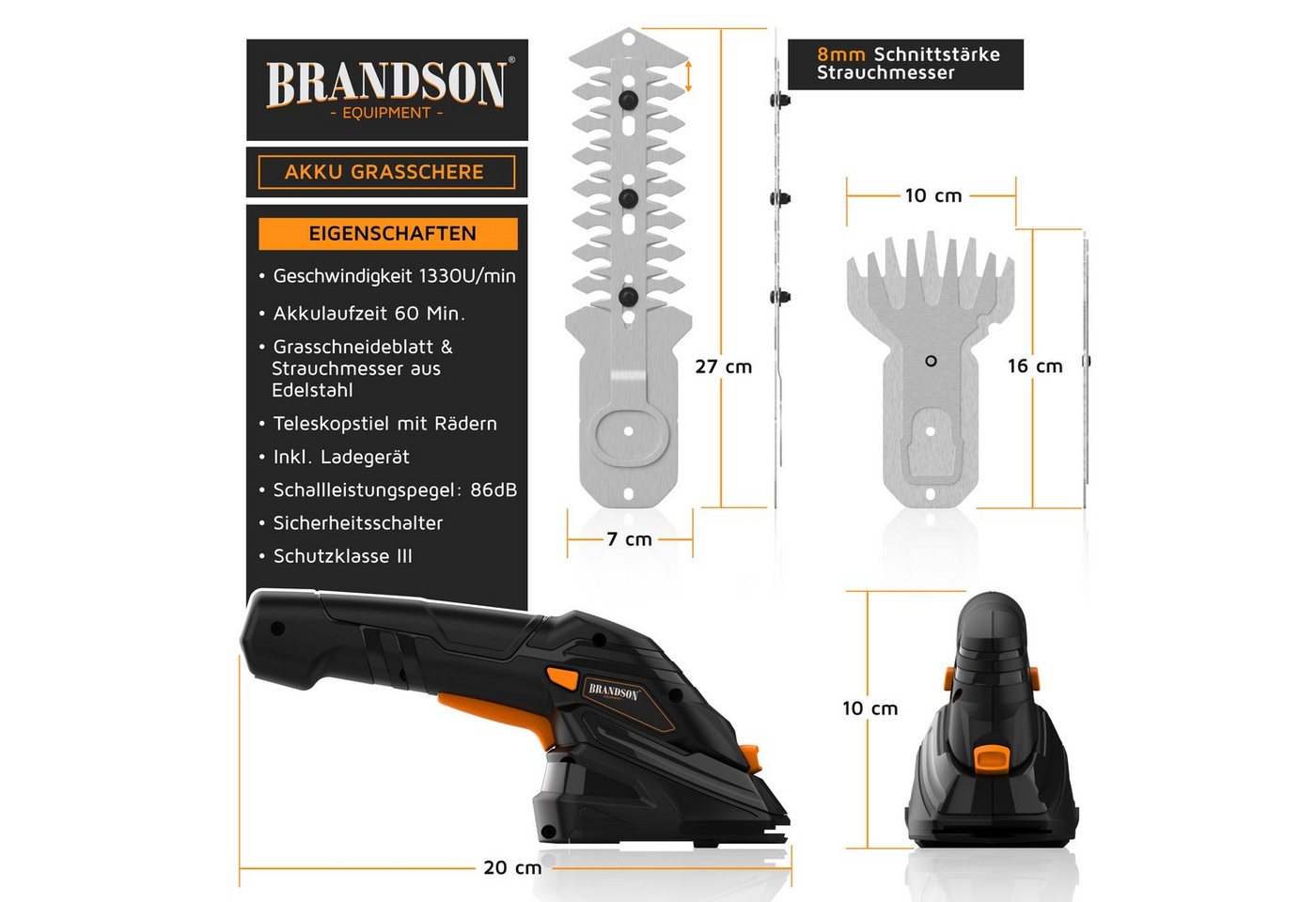Brandson Akku-Grasschere Rasenschere, elektrische Garten Strauchschere, Teleskopstange 90-130cm, bis 1.3 m Arbeitshöhe, (Set, mit Akku und Ladegerät), mit Räder – Bild 2 von 5