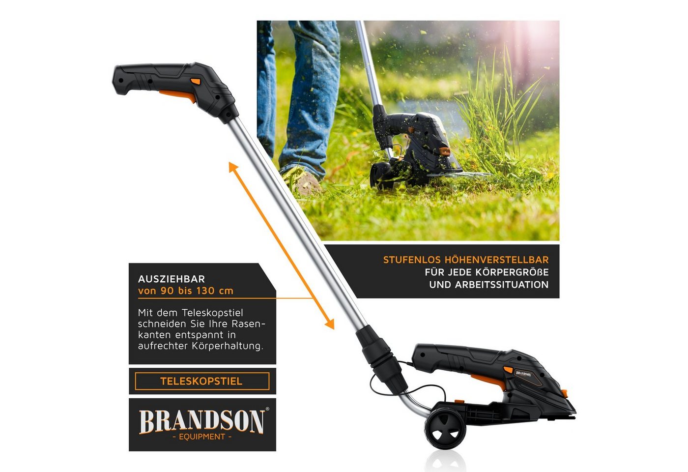 Brandson Akku-Grasschere Rasenschere, elektrische Garten Strauchschere, Teleskopstange 90-130cm, bis 1.3 m Arbeitshöhe, (Set, mit Akku und Ladegerät), mit Räder – Bild 5 von 5