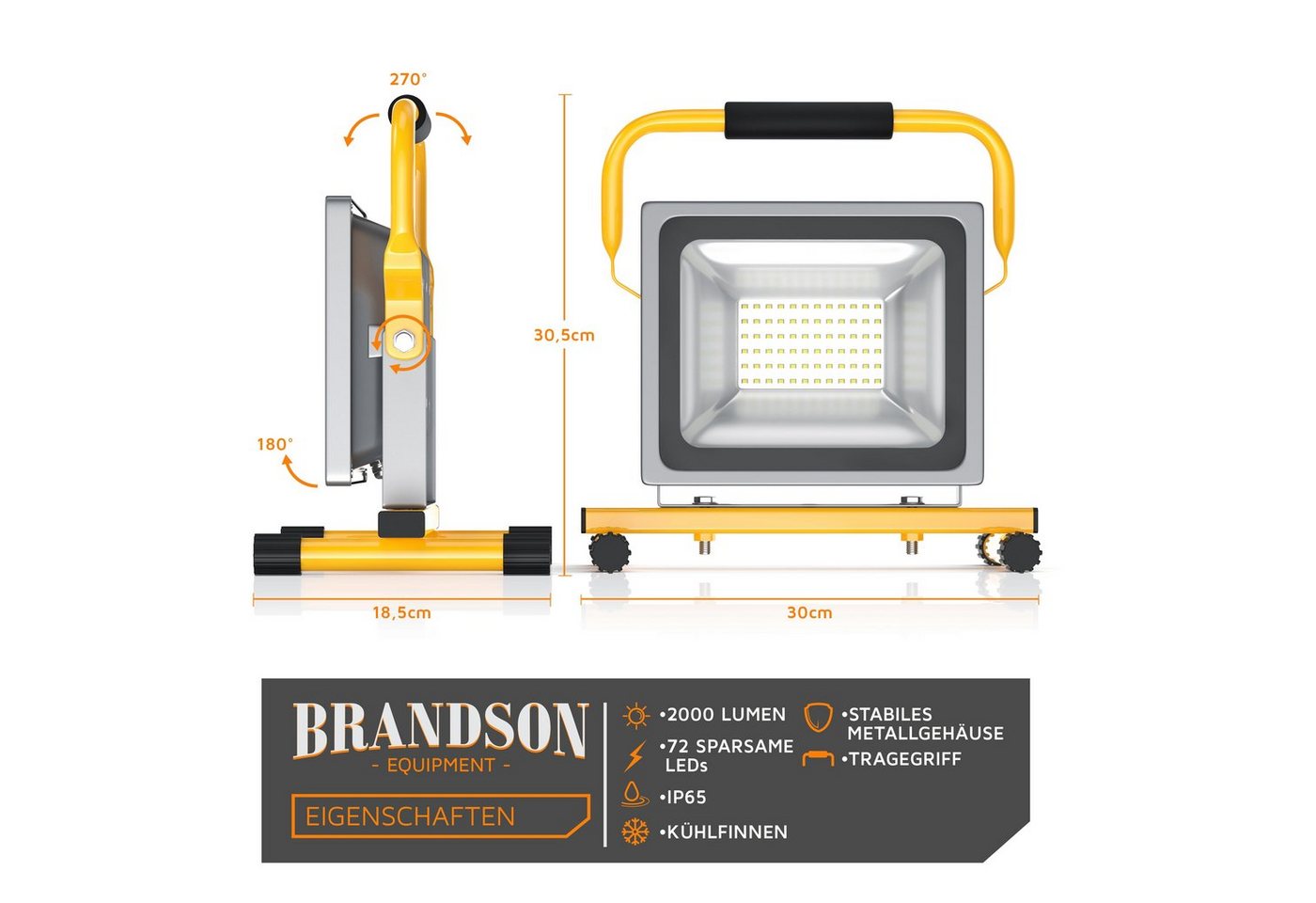 Brandson Baustrahler LED, für Innen- & Außenbereich, 30W, 2500 Lumen, IP65 (wasserfest), LED fest verbaut, für Baustelle, Werkstatt, Garten und Hobbyraum, wette – Bild 4 von 5