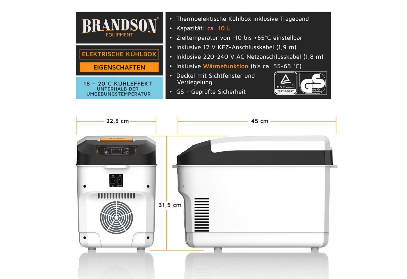 Brandson Elektrische Kühlbox 10 L, Sichtfensterdeckel, Kühlt & hält Warm, von bis zu -10 bis +65°C, 10 l, 230 V Netzspannung &12 V KFZ Auto Bordspannung, Kühlbo – Bild 2 von 5