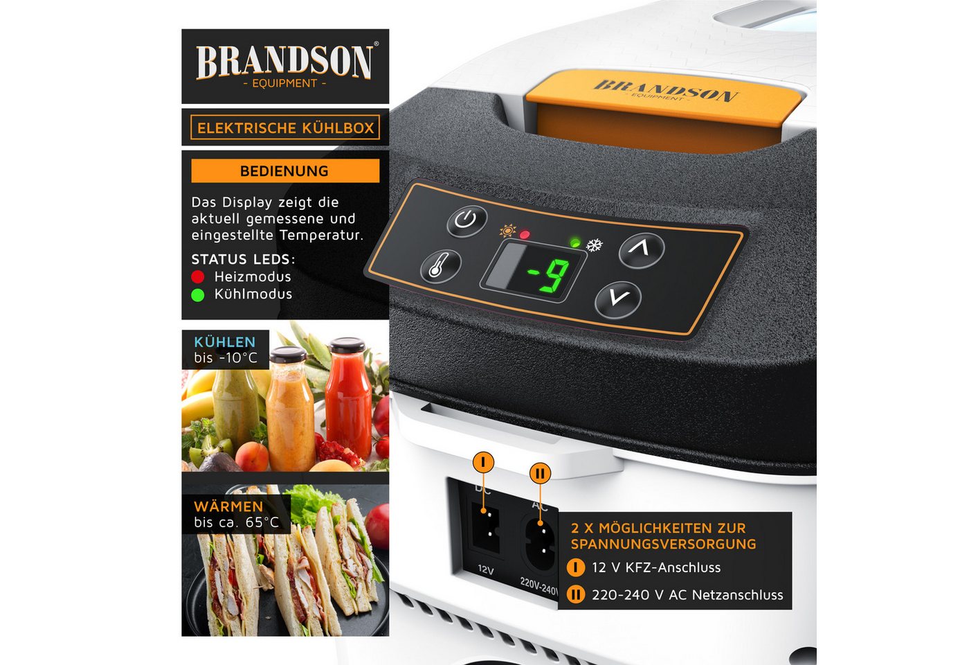 Brandson Elektrische Kühlbox 10 L, Sichtfensterdeckel, Kühlt & hält Warm, von bis zu -10 bis +65°C, 10 l, 230 V Netzspannung &12 V KFZ Auto Bordspannung, Kühlbo – Bild 3 von 5