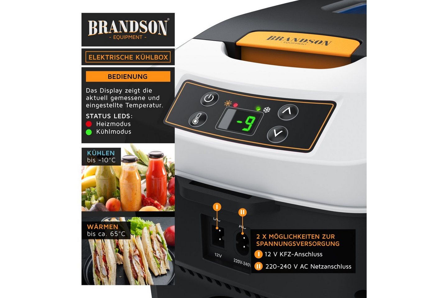 Brandson Elektrische Kühlbox 10 L, Kühlt & hält Warm, von -10 bis +65°C, Sichtfensterdeckel, 10 l, Kühlbox elektrisch für Auto & Camping, 12 V KFZ und 230 V Net – Bild 2 von 5