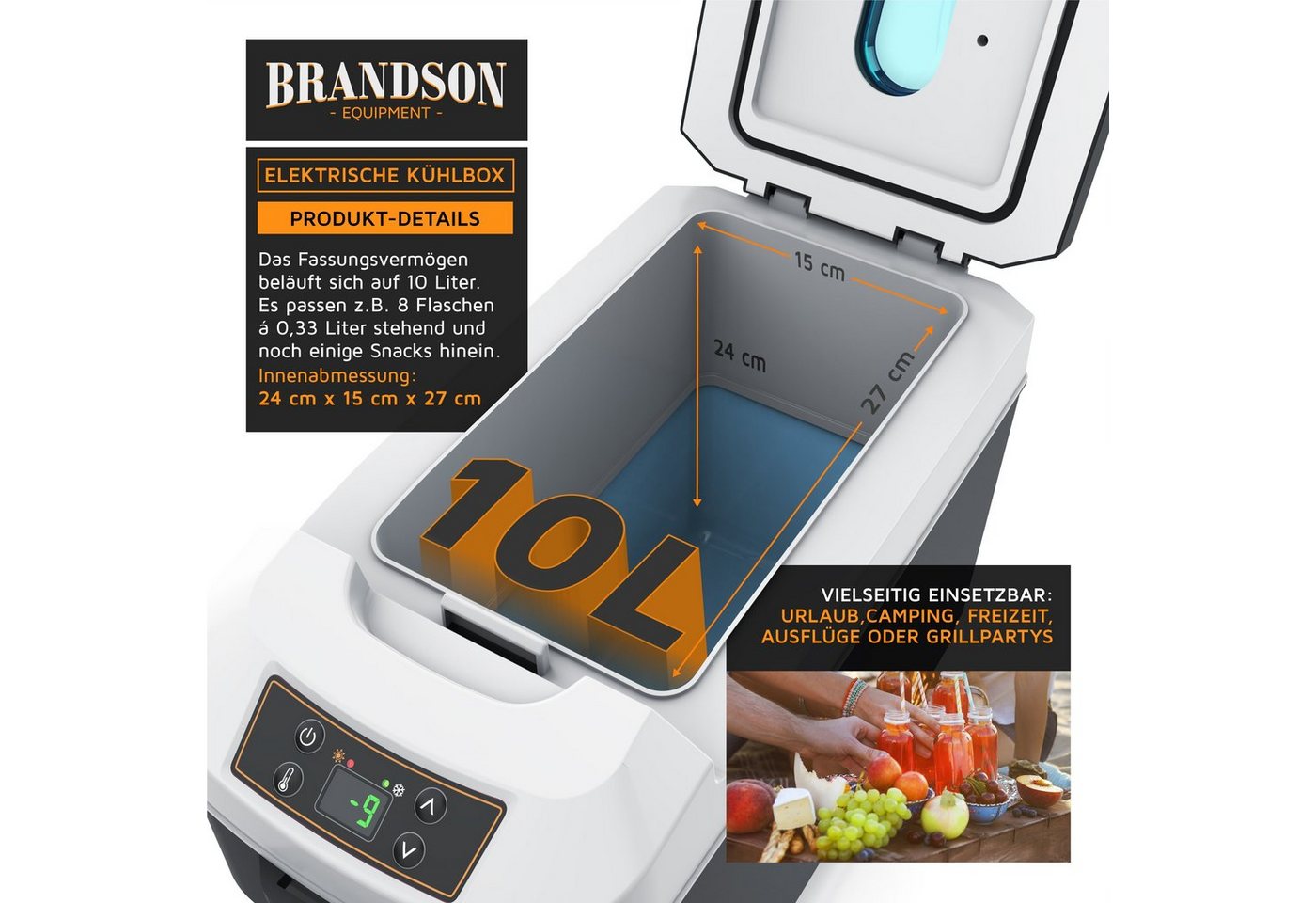 Brandson Elektrische Kühlbox 10 L, Kühlt & hält Warm, von -10 bis +65°C, Sichtfensterdeckel, 10 l, Kühlbox elektrisch für Auto & Camping, 12 V KFZ und 230 V Net – Bild 3 von 5