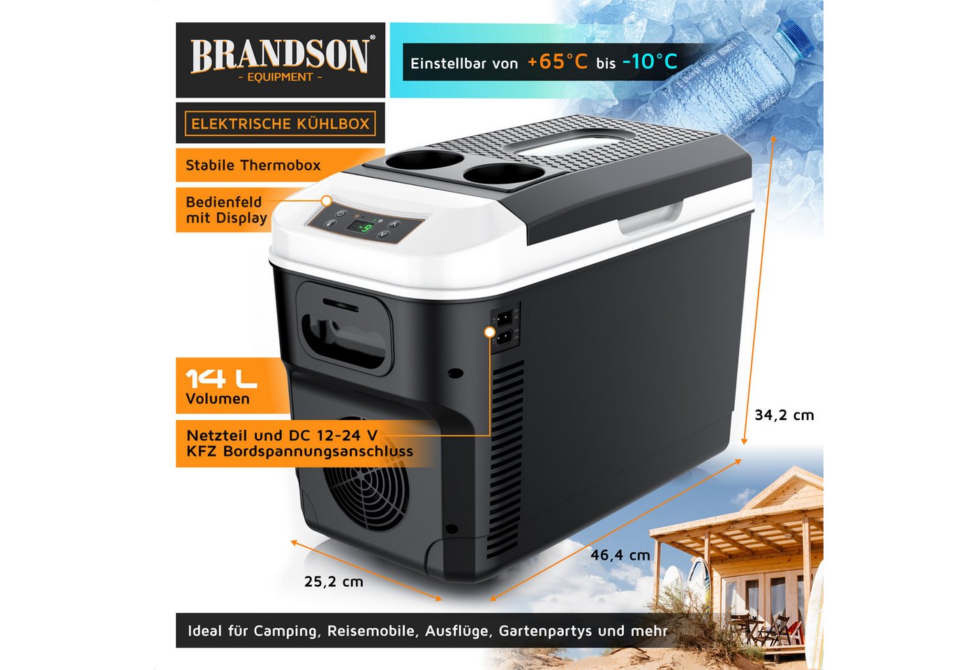 Brandson Elektrische Kühlbox 14 L mit Display, Kühl- & Heizfunktion, 230V/12V, 14 l, Sichtfenster, 2 Tassenhalter, Tragegurt, Status-LEDs – Bild 2 von 5