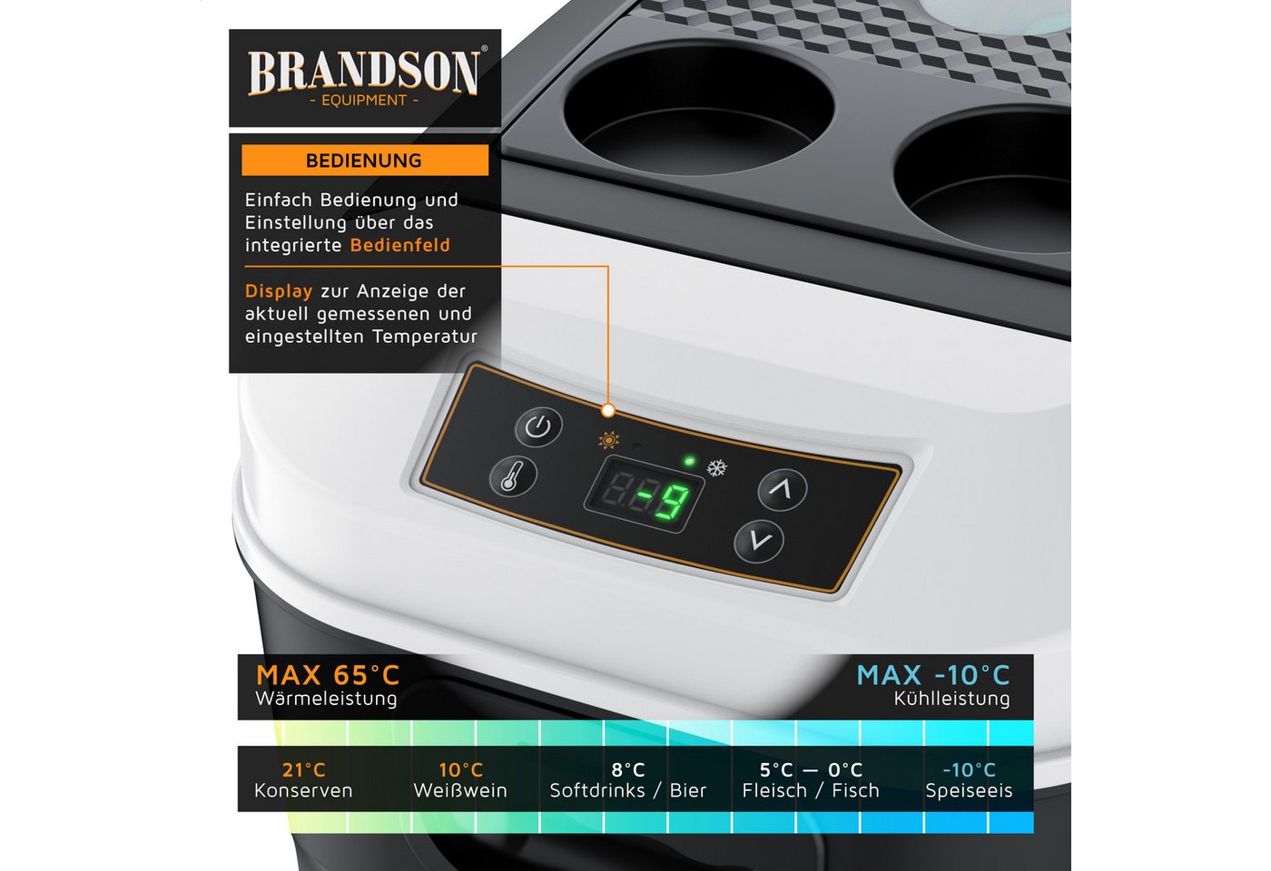Brandson Elektrische Kühlbox 14 L mit Display, Kühl- & Heizfunktion, 230V/12V, 14 l, Sichtfenster, 2 Tassenhalter, Tragegurt, Status-LEDs – Bild 3 von 5