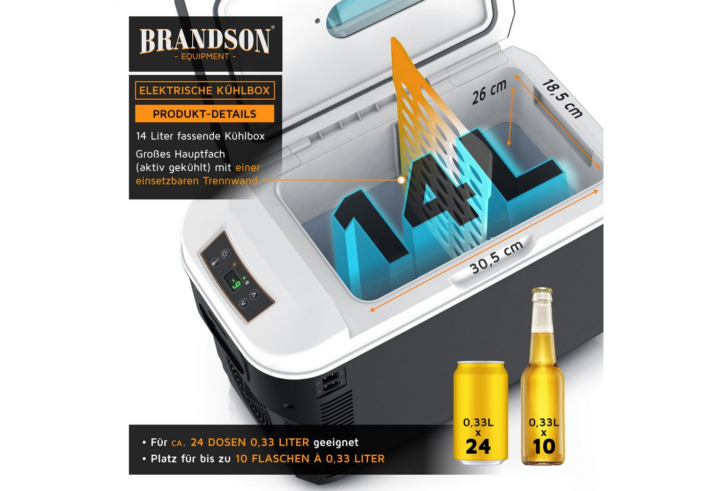 Brandson Elektrische Kühlbox 14 L mit Display, Kühl- & Heizfunktion, 230V/12V, 14 l, Sichtfenster, 2 Tassenhalter, Tragegurt, Status-LEDs – Bild 5 von 5