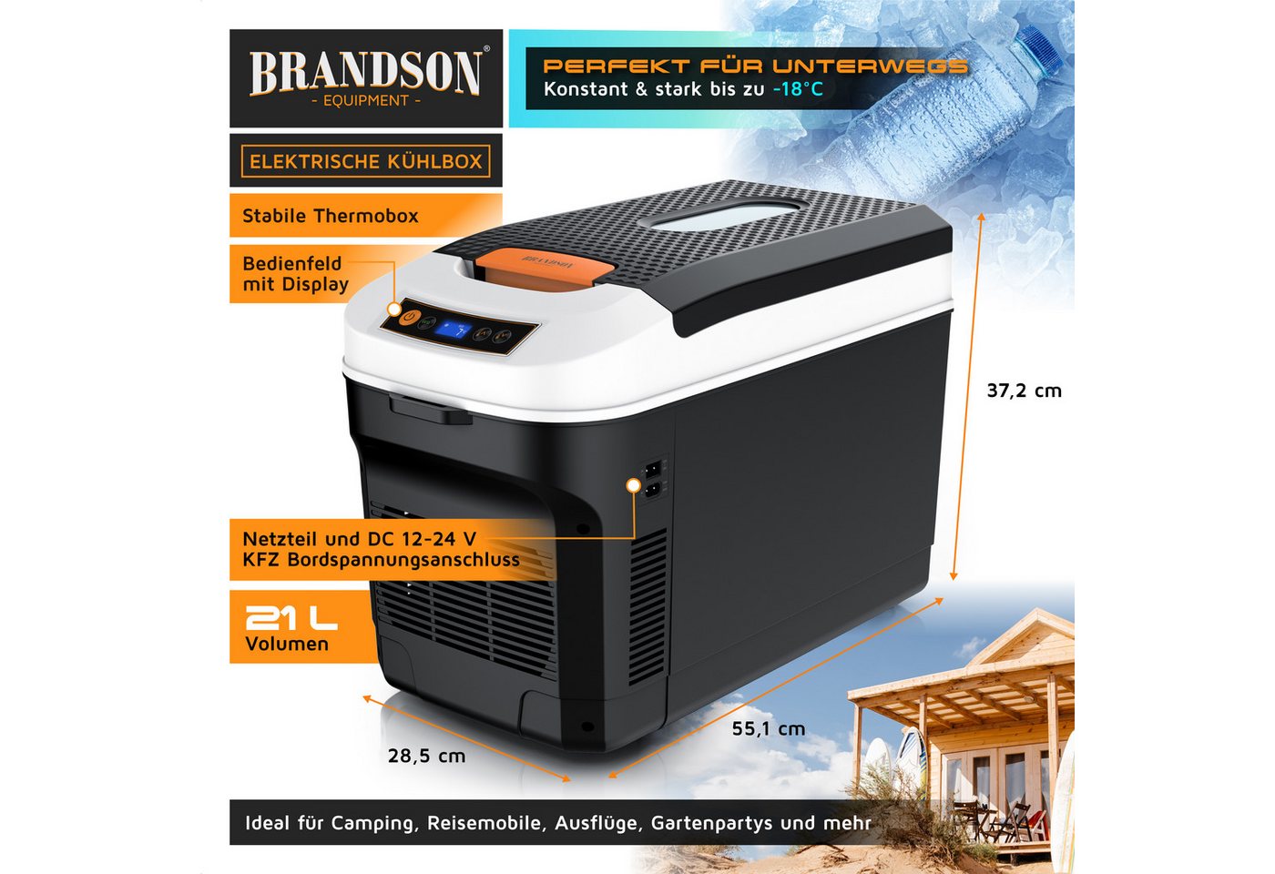 Brandson Elektrische Kühlbox 21 L, Kühlt & hält Warm, von -18 bis +65°C, Sichtfensterdeckel, 21 l, LCD-Display, ECO-Modus, Tragegurt, mobil und leise, für Campi – Bild 2 von 5