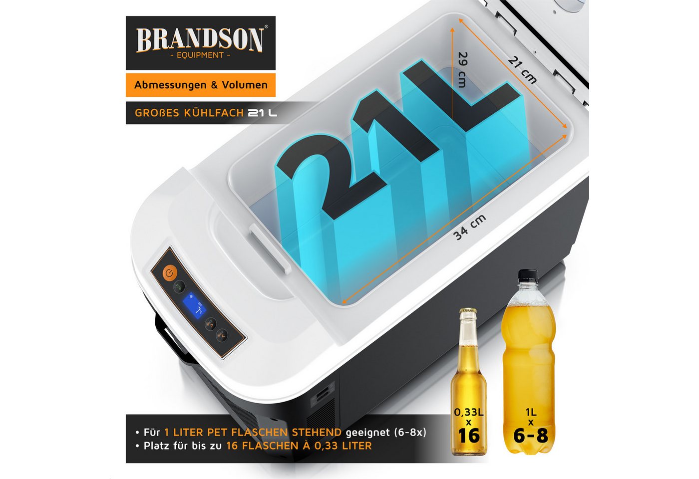 Brandson Elektrische Kühlbox 21 L, Kühlt & hält Warm, von -18 bis +65°C, Sichtfensterdeckel, 21 l, LCD-Display, ECO-Modus, Tragegurt, mobil und leise, für Campi – Bild 3 von 5