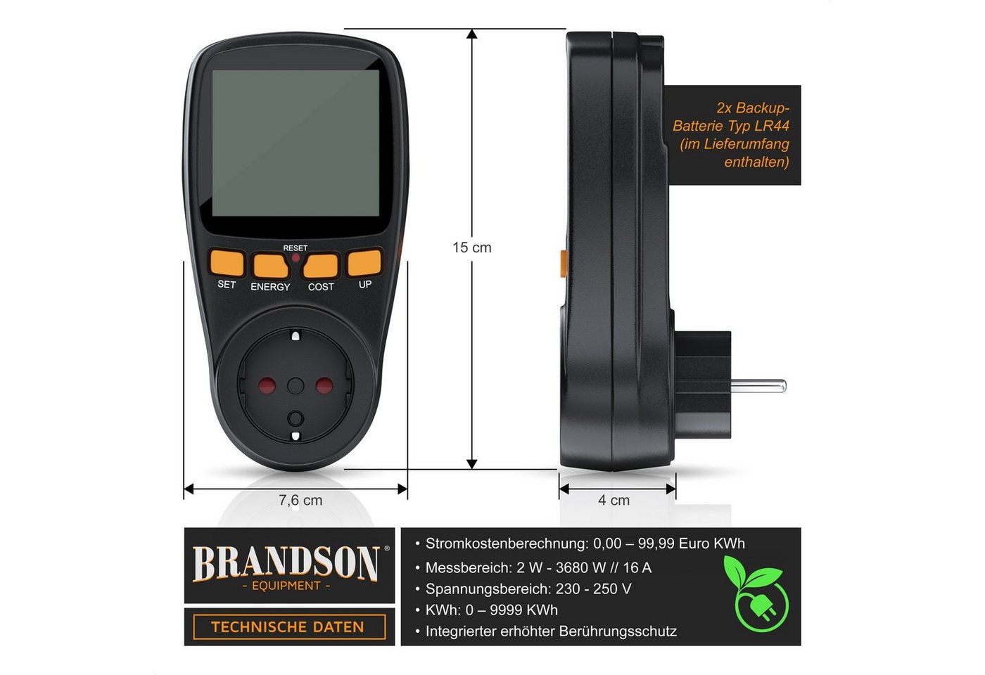 Brandson Energiekostenmessgerät digitales Stromkostenmessgerät, Stromverbrauchsmesser max. 3680 Watt, 1-tlg., Energiekosten Anzeige, Stromzähler für Steckdose m – Bild 2 von 5