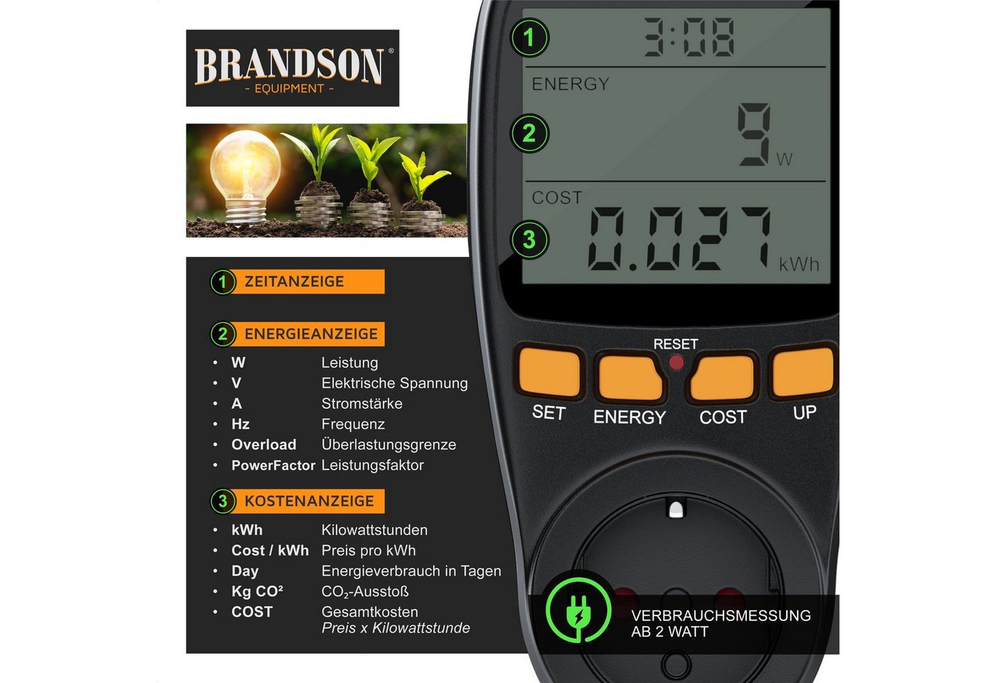 Brandson Energiekostenmessgerät digitales Stromkostenmessgerät, Stromverbrauchsmesser max. 3680 Watt, 1-tlg., Energiekosten Anzeige, Stromzähler für Steckdose m – Bild 3 von 5