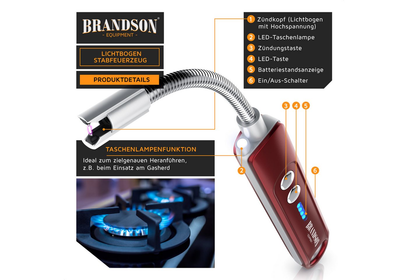 Brandson Feuerzeug elektrisch, Lichtbogen Stabfeuerzeug USB aufladbar (2-St), Kerzenanzünder für Küche, Kerzen, Gasherde, Grill, Kamin, flammenlos – Bild 3 von 5