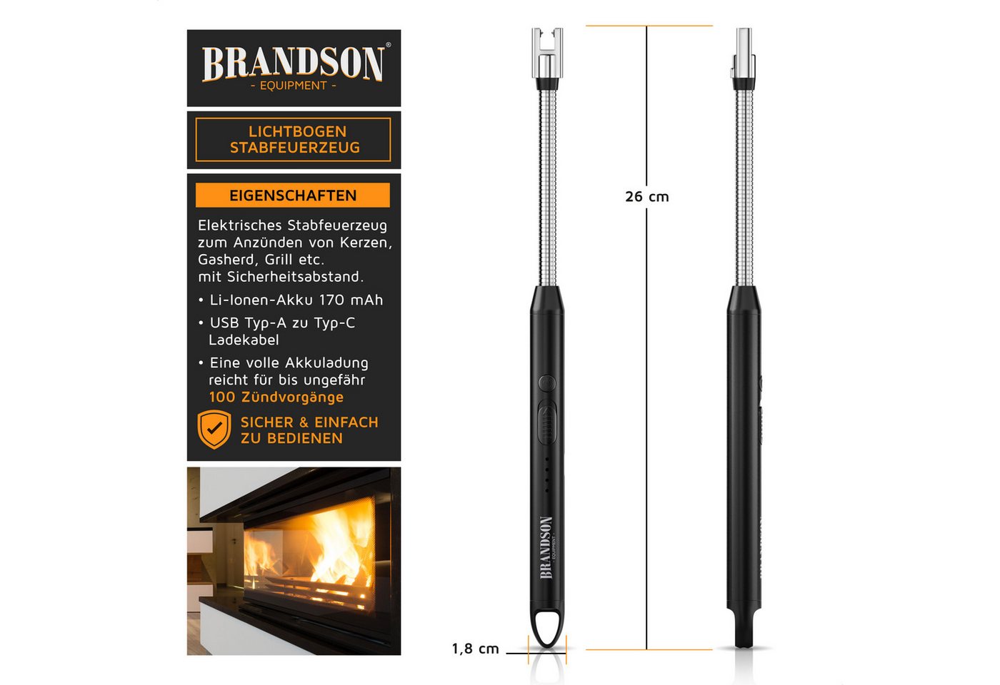 Brandson Feuerzeug elektrisch, Lichtbogen Stabfeuerzeug USB aufladbar (1-St), USB-C aufladbar, flexibler Hals für, Kerzen, Gasherde, Grill, Kamin – Bild 2 von 5