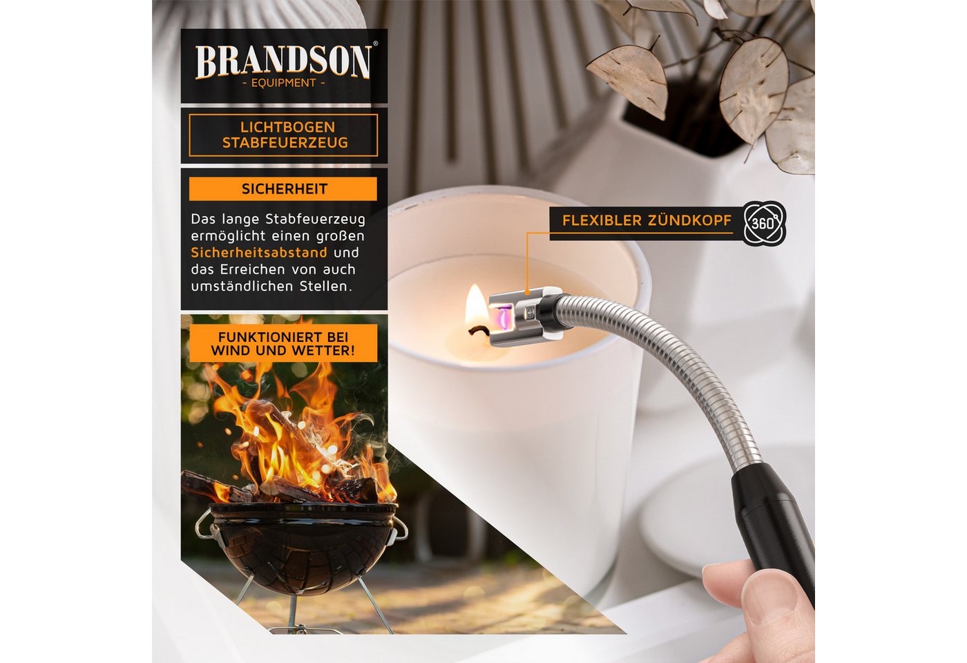 Brandson Feuerzeug elektrisch, Lichtbogen Stabfeuerzeug USB aufladbar (1-St), USB-C aufladbar, flexibler Hals für, Kerzen, Gasherde, Grill, Kamin – Bild 3 von 5