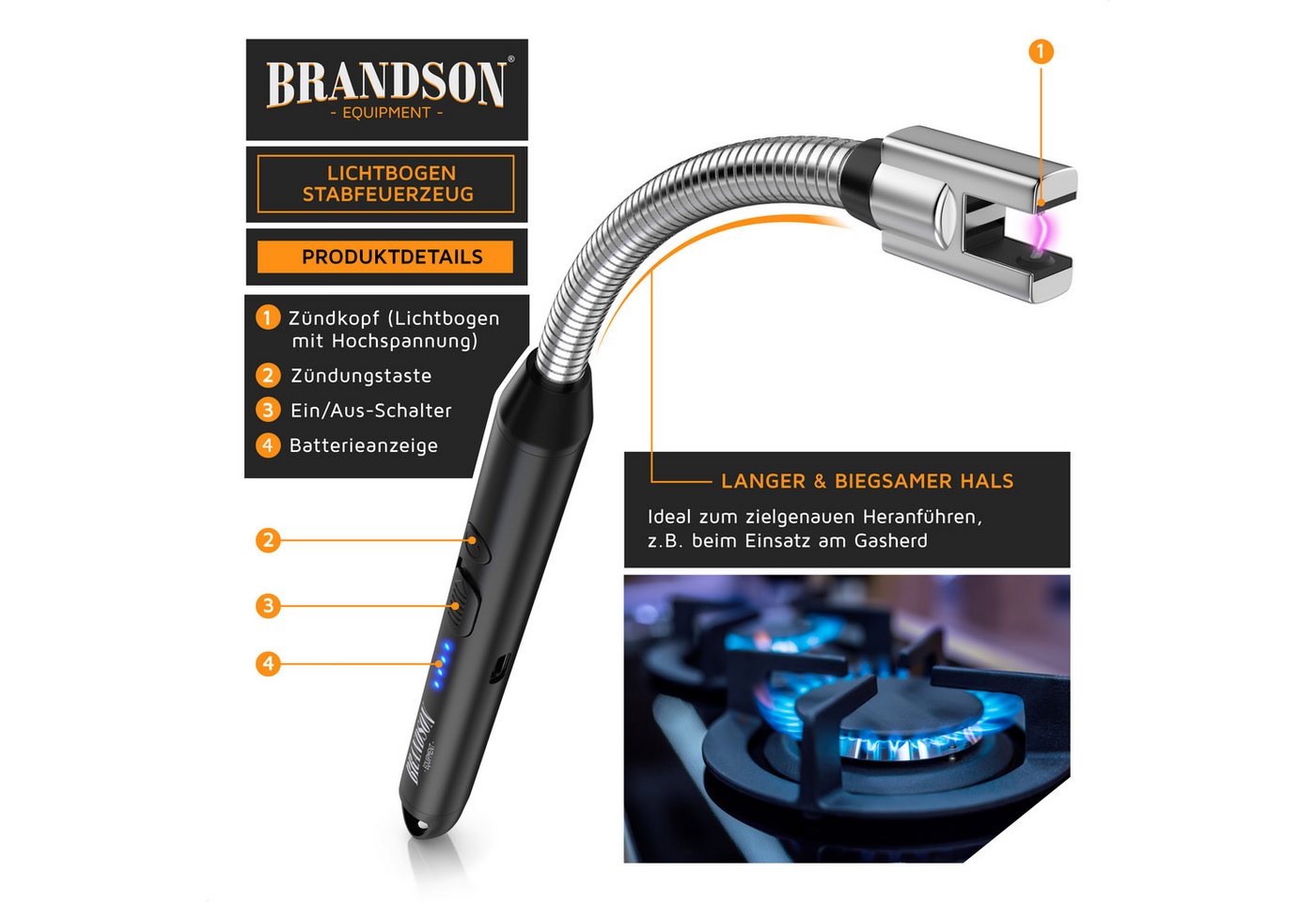 Brandson Feuerzeug elektrisch, Lichtbogen Stabfeuerzeug USB aufladbar (1-St), USB-C aufladbar, flexibler Hals für, Kerzen, Gasherde, Grill, Kamin – Bild 4 von 5