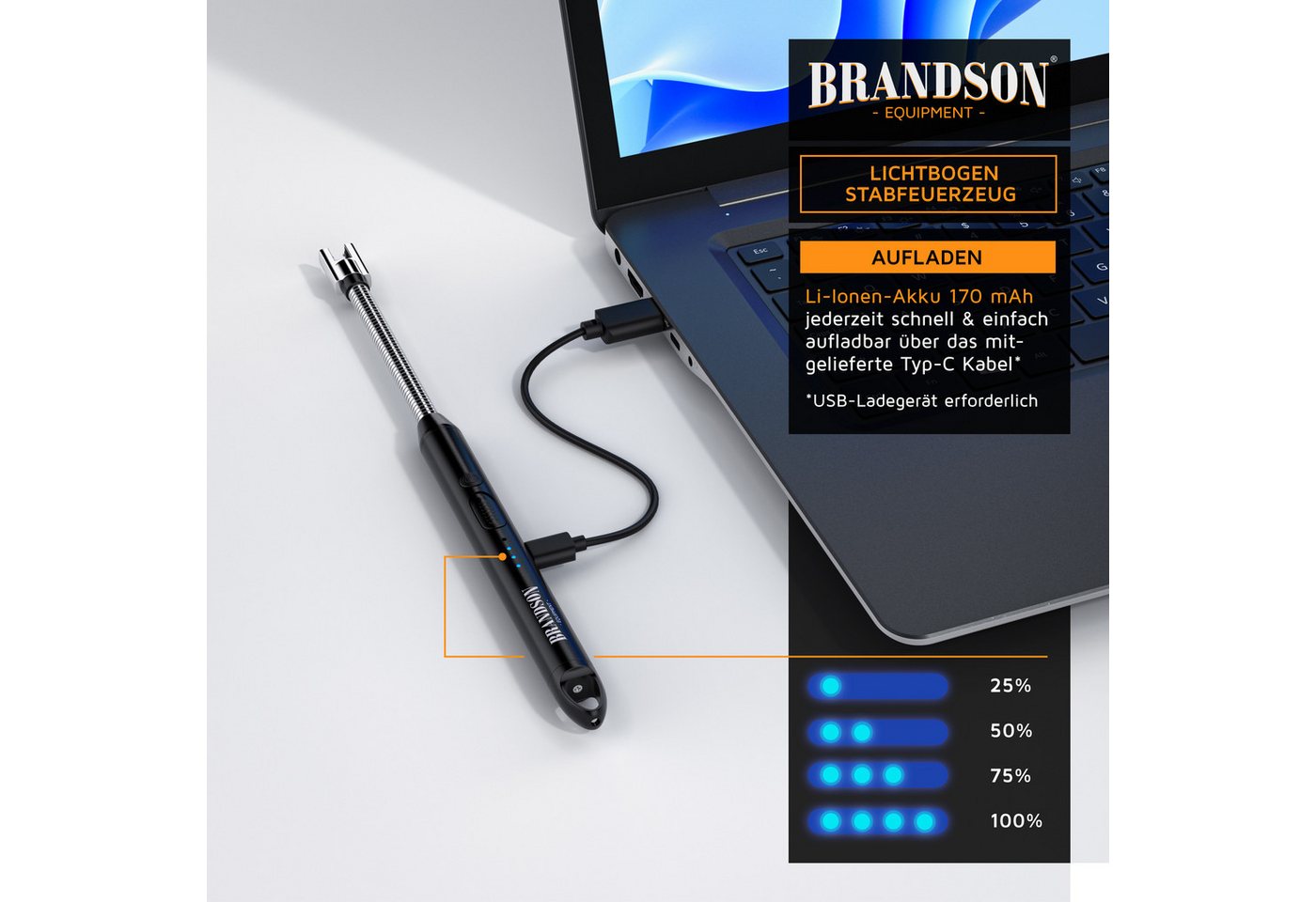 Brandson Feuerzeug elektrisch, Lichtbogen Stabfeuerzeug USB aufladbar (1-St), USB-C aufladbar, flexibler Hals für, Kerzen, Gasherde, Grill, Kamin – Bild 5 von 5