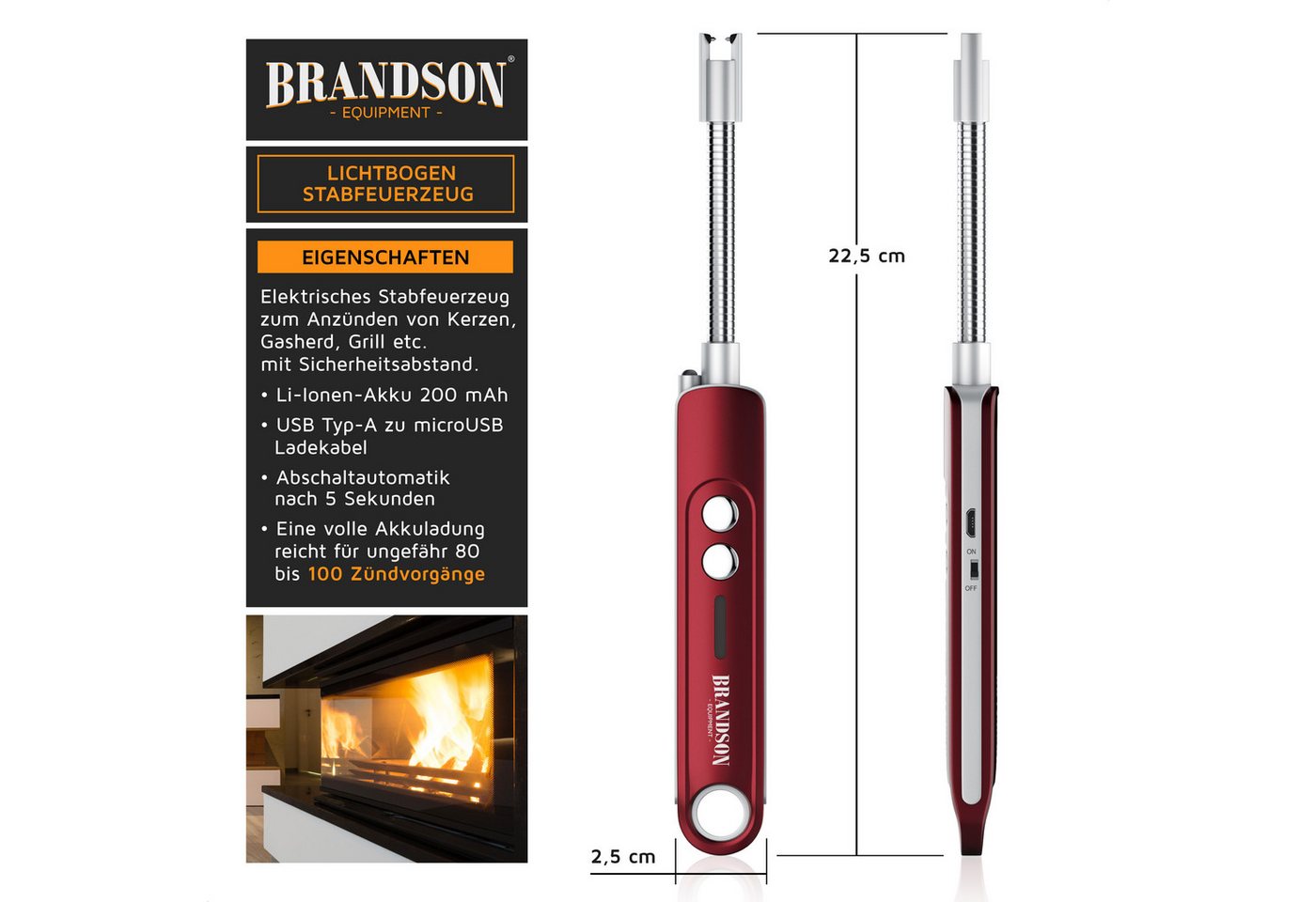 Brandson Feuerzeug elektrisch, Lichtbogen Stabfeuerzeug USB aufladbar (1-St), Kerzenanzünder für Küche, Kerzen, Gasherde, Grill, Kamin, flammenlos – Bild 2 von 5