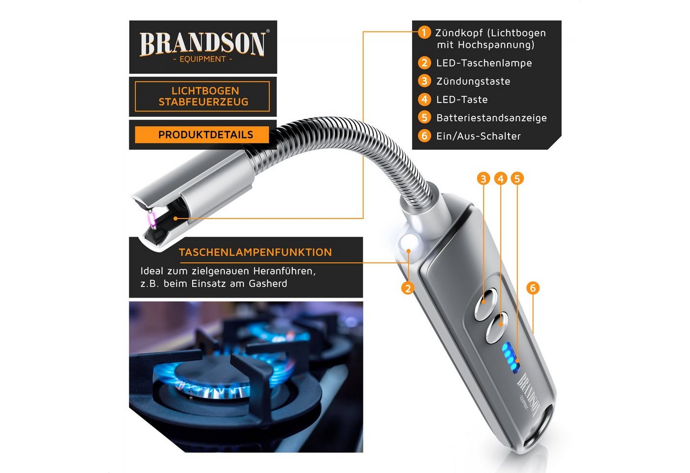 Brandson Feuerzeug elektrisch, Lichtbogen Stabfeuerzeug USB aufladbar (1-St), Kerzenanzünder für Küche, Kerzen, Gasherde, Grill, Kamin, flammenlos – Bild 4 von 5