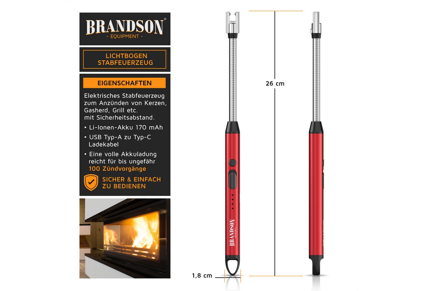 Brandson Feuerzeug elektrisch, Lichtbogen Stabfeuerzeug USB aufladbar (1-St), USB-C aufladbar, flexibler Hals für, Kerzen, Gasherde, Grill, Kamin – Bild 2 von 5