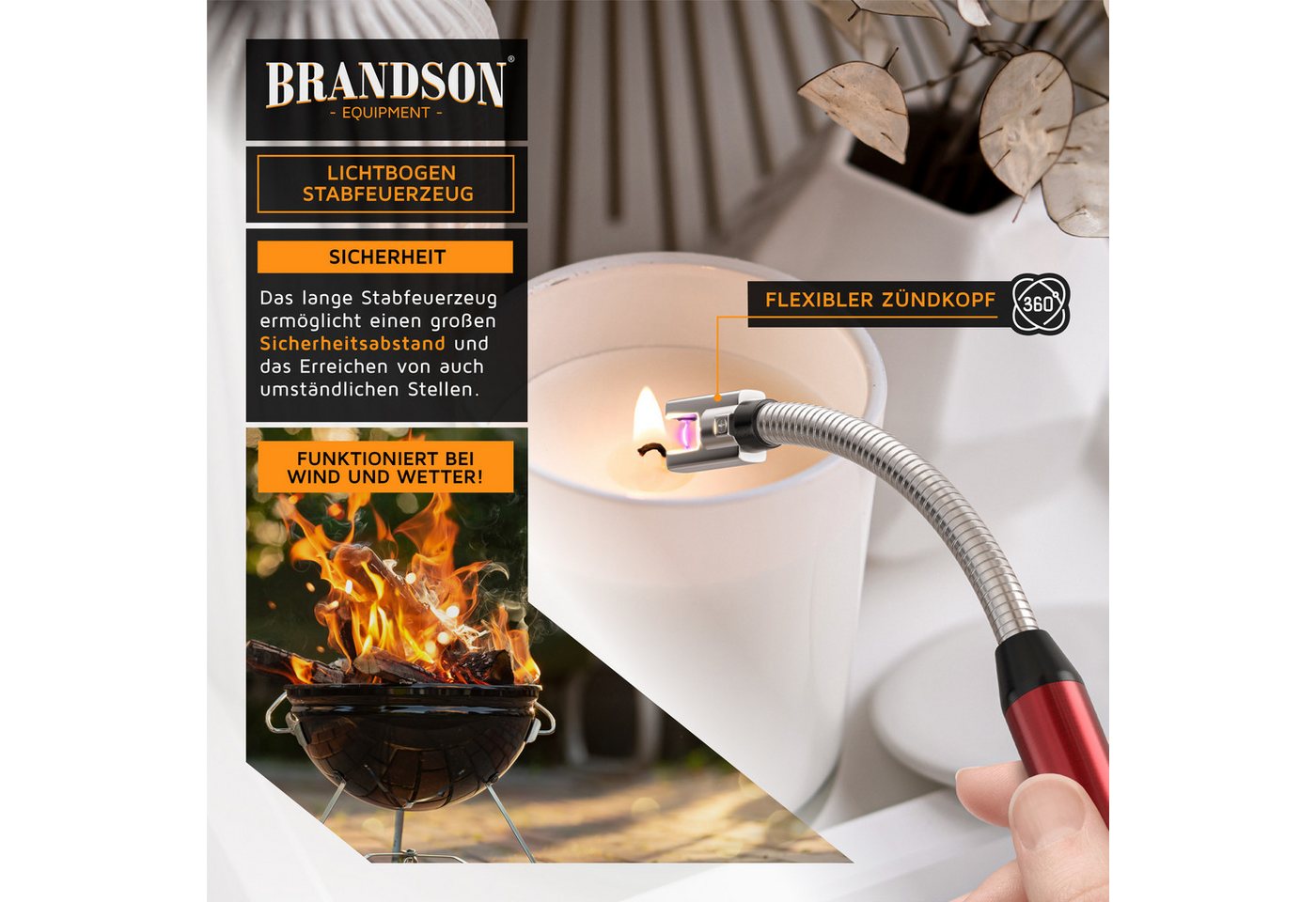Brandson Feuerzeug elektrisch, Lichtbogen Stabfeuerzeug USB aufladbar (1-St), USB-C aufladbar, flexibler Hals für, Kerzen, Gasherde, Grill, Kamin – Bild 3 von 5