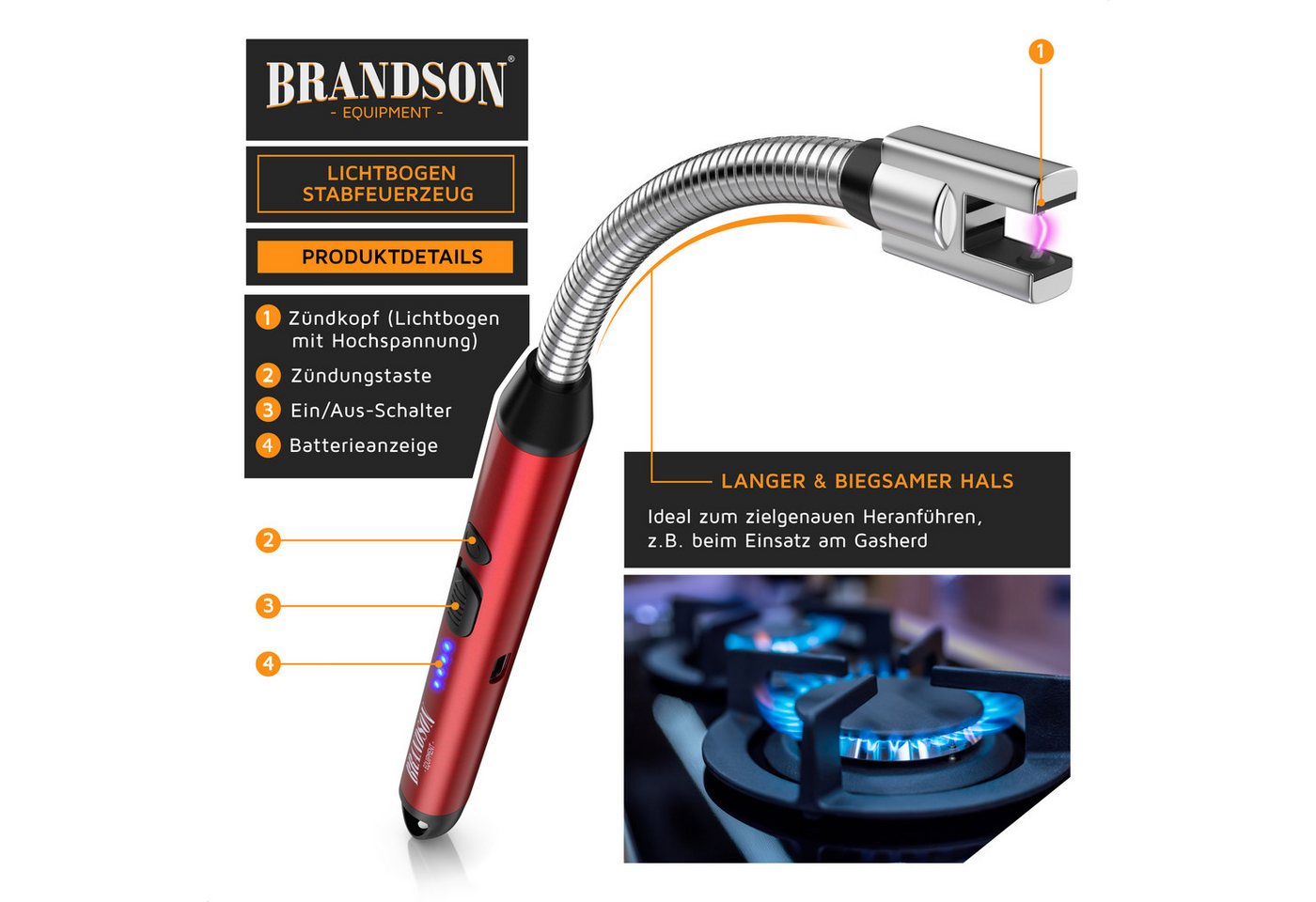 Brandson Feuerzeug elektrisch, Lichtbogen Stabfeuerzeug USB aufladbar (1-St), USB-C aufladbar, flexibler Hals für, Kerzen, Gasherde, Grill, Kamin – Bild 4 von 5
