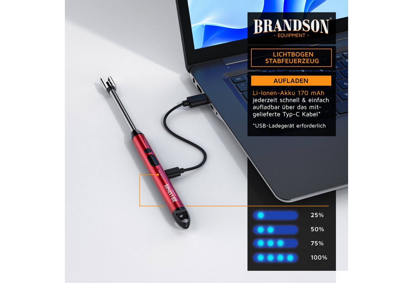 Brandson Feuerzeug elektrisch, Lichtbogen Stabfeuerzeug USB aufladbar (1-St), USB-C aufladbar, flexibler Hals für, Kerzen, Gasherde, Grill, Kamin – Bild 5 von 5