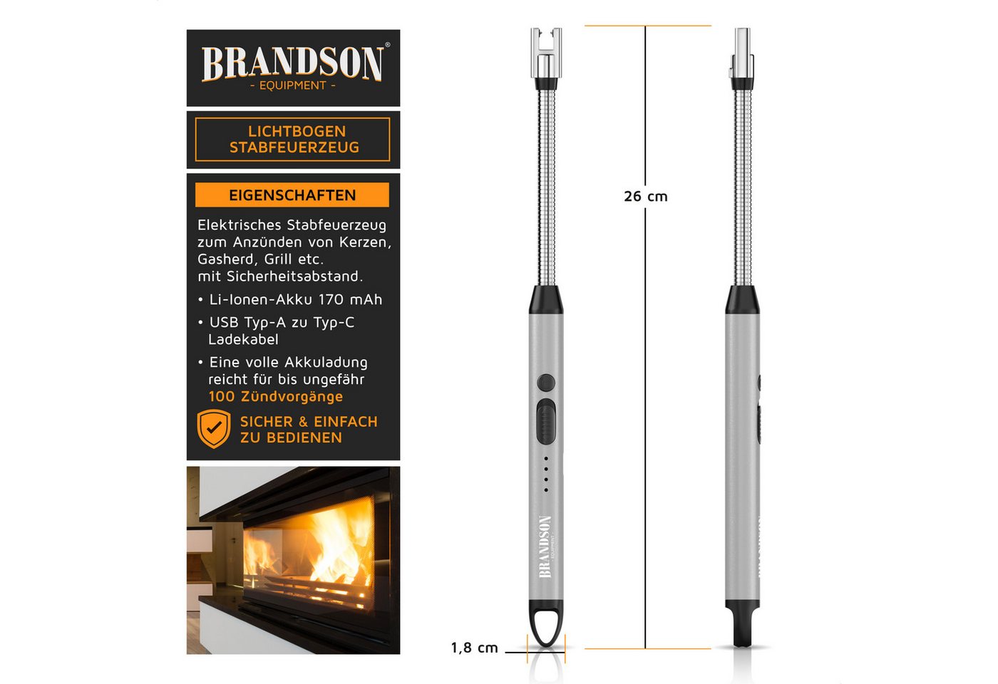 Brandson Feuerzeug elektrisch, Lichtbogen Stabfeuerzeug USB aufladbar (1-St), USB-C aufladbar, flexibler Hals für, Kerzen, Gasherde, Grill, Kamin – Bild 2 von 5