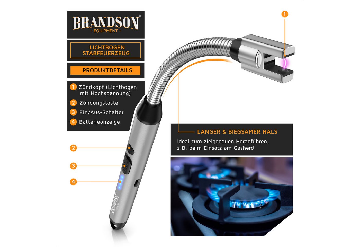 Brandson Feuerzeug elektrisch, Lichtbogen Stabfeuerzeug USB aufladbar (1-St), USB-C aufladbar, flexibler Hals für, Kerzen, Gasherde, Grill, Kamin – Bild 4 von 5