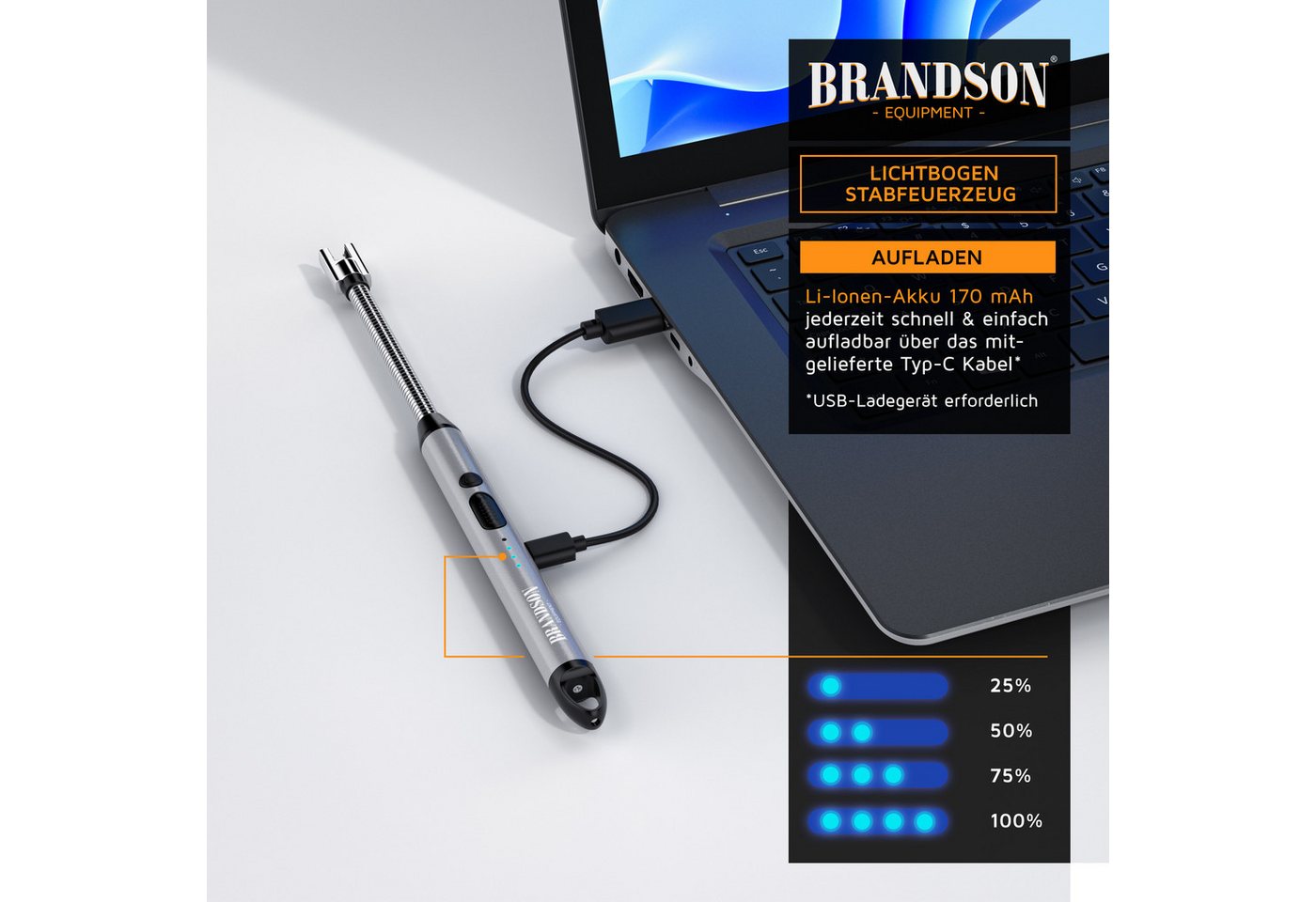 Brandson Feuerzeug elektrisch, Lichtbogen Stabfeuerzeug USB aufladbar (1-St), USB-C aufladbar, flexibler Hals für, Kerzen, Gasherde, Grill, Kamin – Bild 5 von 5