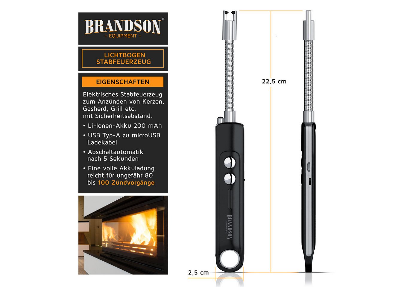 Brandson Feuerzeug elektrisch, Lichtbogen Stabfeuerzeug USB aufladbar (1-St), Kerzenanzünder für Küche, Kerzen, Gasherde, Grill, Kamin, flammenlos – Bild 2 von 5