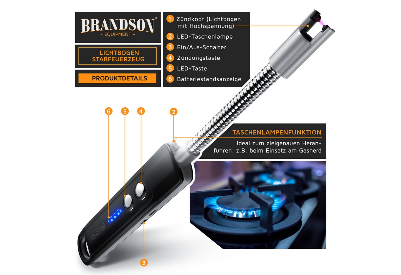Brandson Feuerzeug elektrisch, Lichtbogen Stabfeuerzeug USB aufladbar (1-St), Kerzenanzünder für Küche, Kerzen, Gasherde, Grill, Kamin, flammenlos – Bild 4 von 5