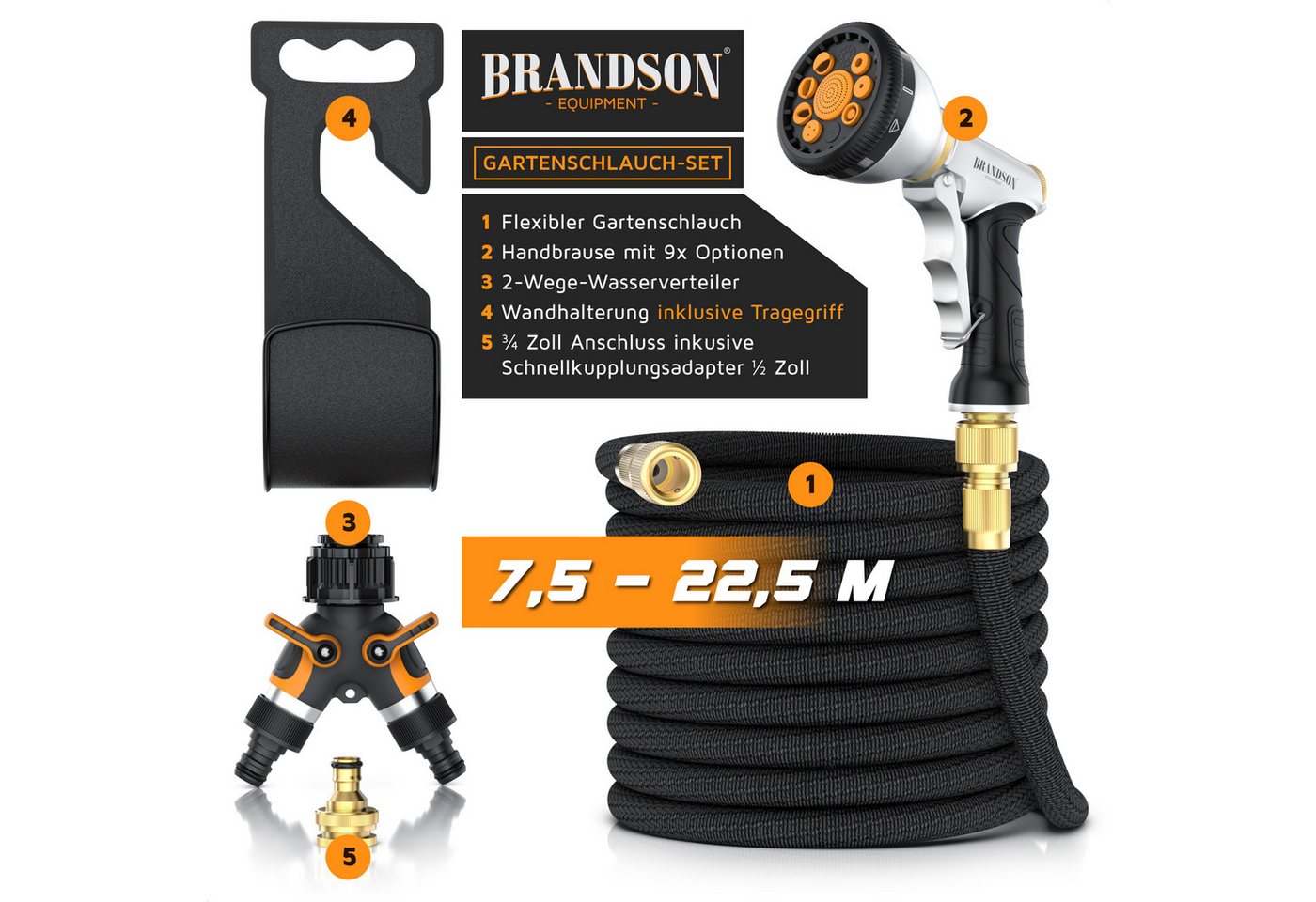 Brandson Gartenschlauch 22,5 m flexibler Wasserschlauch mit 9 Funktionsdüsen, Flexischlauch, dehnbar, platzsparend, knickfrei, (Set, 5 St., mit Gartenbrause und – Bild 2 von 5