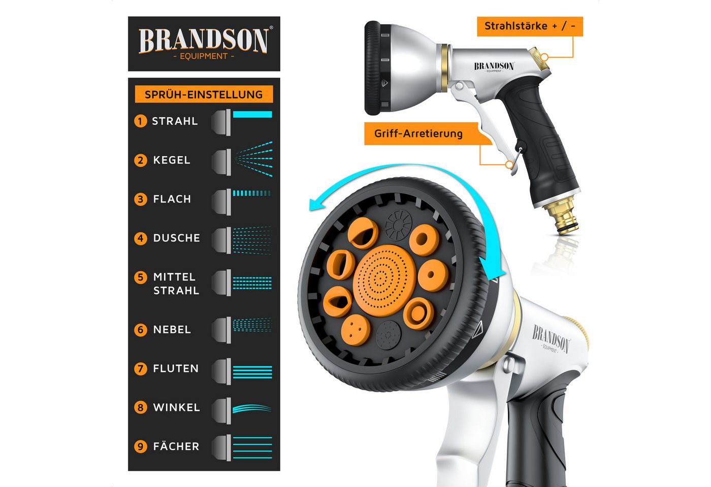 Brandson Gartenschlauch 22,5 m flexibler Wasserschlauch mit 9 Funktionsdüsen, Flexischlauch, dehnbar, platzsparend, knickfrei, (Set, 5 St., mit Gartenbrause und – Bild 4 von 5