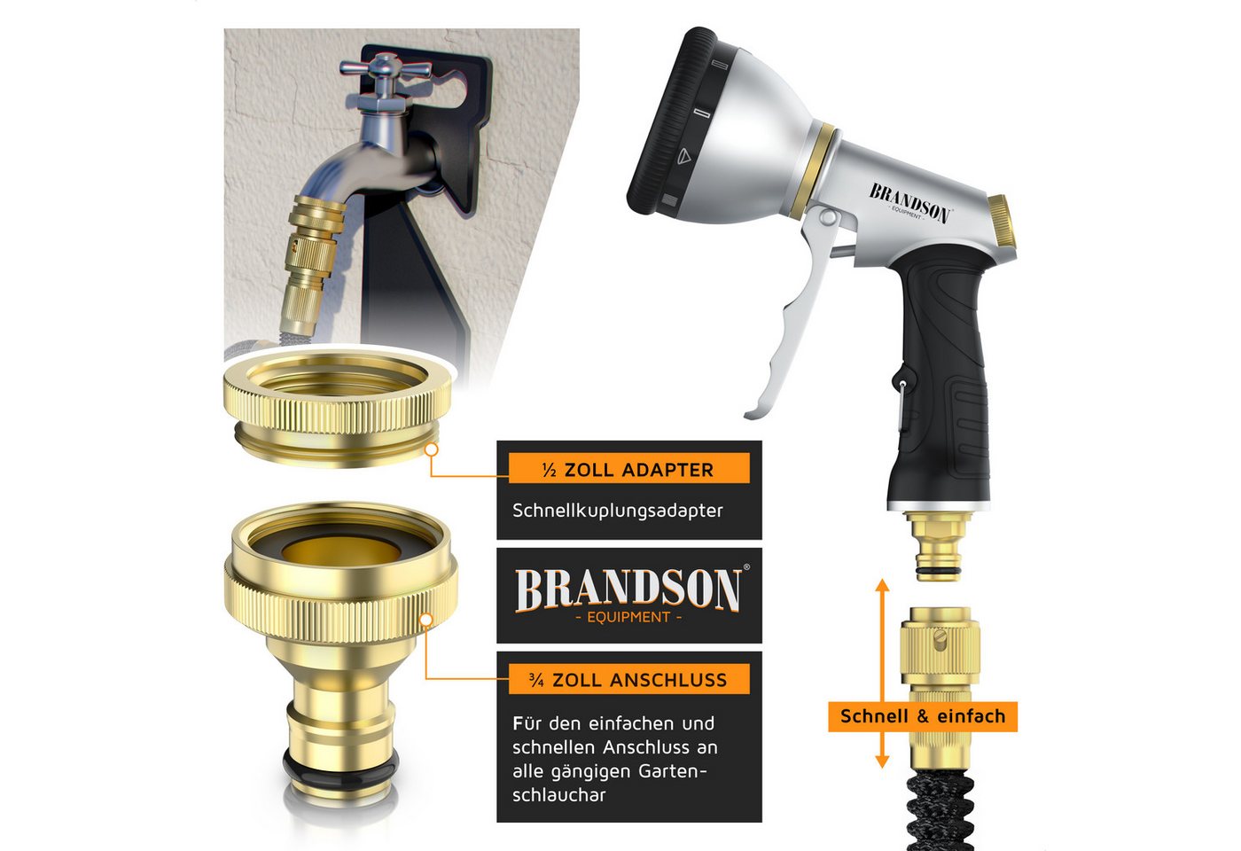 Brandson Gartenschlauch 22,5 m flexibler Wasserschlauch mit 9 Funktionsdüsen, Flexischlauch, dehnbar, platzsparend, knickfrei, (Set, 5 St., mit Gartenbrause und – Bild 5 von 5