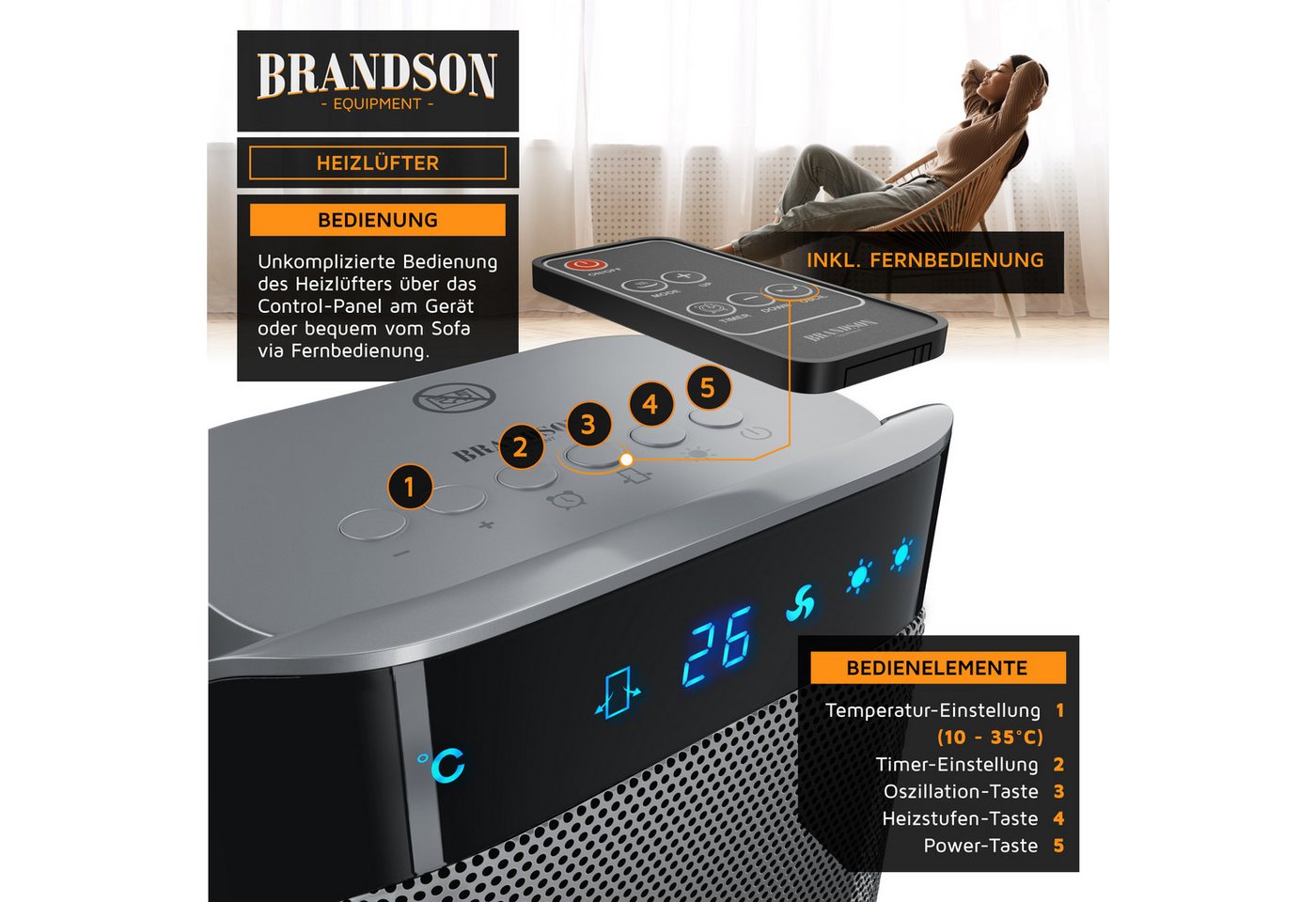 Brandson Heizlüfter Keramik, Fernbedienung, energiesparend, leise, Oszillation, Heizung, 2000 W, Preisträger 2025, GS zertifiziert, Timer, Badezimmer Keramikhei – Bild 4 von 5