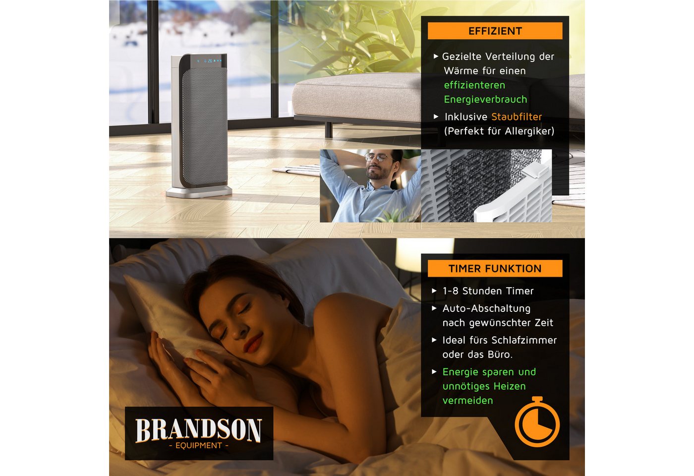 Brandson Heizlüfter Keramik, Fernbedienung, energiesparend, leise, Oszillation, Heizung, 2000 W, Preisträger 2025, GS zertifiziert, Timer, Badezimmer Keramikhei – Bild 5 von 5