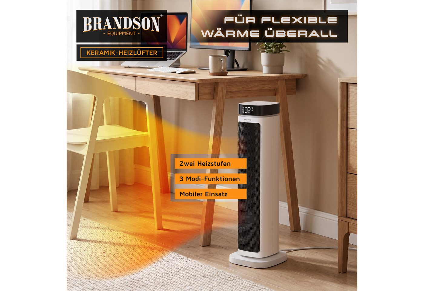 Brandson Heizlüfter Keramik, energiesparend, 12h-Timer, Fernbedienung, LED-Display, 2000 W, Badezimmer, Thermostat, ECO-Modus, Oszillation, Kippschutz – Bild 2 von 5